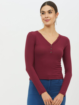 Harpa Basics Casual Full Sleeve Solid Women Maroon Top