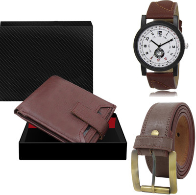 FERRIZZO Combo Of Artificial Leather Belt-Wallet & Analog Watch  - For Men