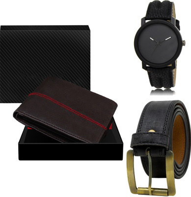 REMIXON Combo Of Artificial Leather Belt-Wallet & Analog Watch  - For Men