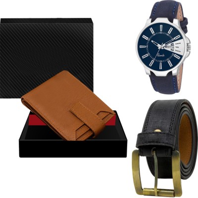 REMIXON Belt, Wallet & Watch Combo(Tan, Black, Blue)