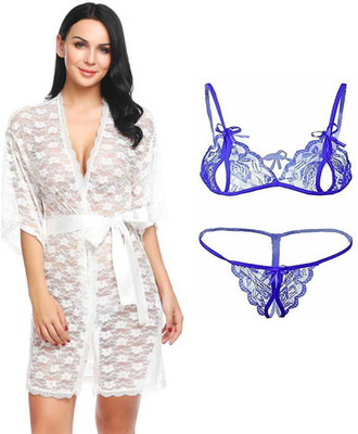 Fashion Count Women Robe and Lingerie Set(White, Light Blue)