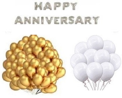 StyleonNation Outright Solid Mettalic Golden Party Balloons + Mettalic White Party Balloons Combo Pack of 100 and HAPPY ANNIVERSARY Silver Ballons Pack of 16 Alphabets Letter Balloon(White, Gold, Silver, Pack of 116)