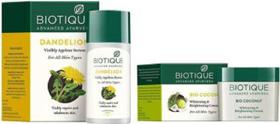 BIOTIQUE Everytime FACE CARE BIO Dandelion Visibly Ageless Serum, 40 ml And Bio Coconut Whitening And Brightening Cream, 50g(2 Items in the set)