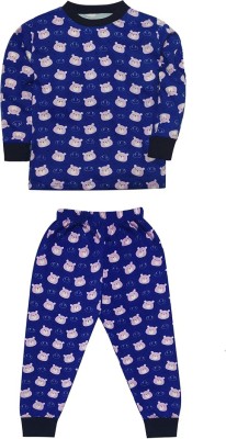 Mahi Fashion Kids Nightwear Boys & Girls Printed Fleece Blend(Blue Pack of 1)