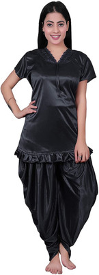 Minha Women Solid Black Top & Pyjama Set