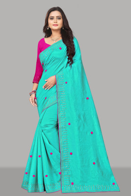 MM BROTHERS Embroidered Bollywood Art Silk Saree(Blue)