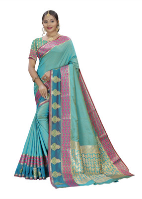 COSBILA FASHION Woven Baluchari Pure Silk Saree(Light Blue)