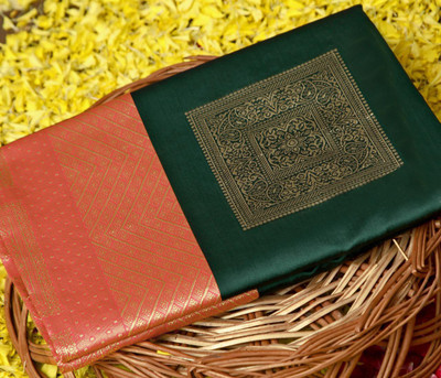 Woolian Printed Banarasi Silk Blend Saree(Dark Green)