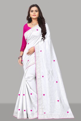 MM BROTHERS Embroidered Bollywood Art Silk Saree(White)