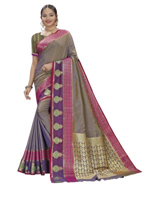 COSBILA FASHION Self Design Banarasi Silk Blend Saree(Purple, Grey)