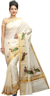 RSV FABRICS Embroidered Kasavu Cotton Blend Saree(Beige)