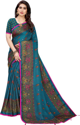 SAARA Printed, Paisley, Geometric Print, Floral Print Kanjivaram Cotton Jute Saree(Light Blue)