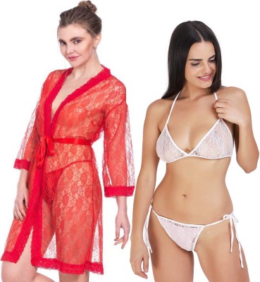 Lovie's Women Robe and Lingerie Set(Red, White)