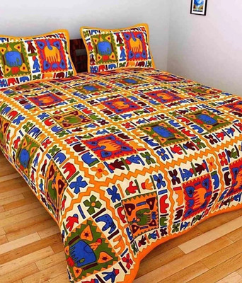 E ELMA 144 TC Cotton King Jaipuri Prints Flat Bedsheet(Pack of 1, Orange)