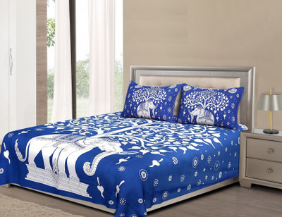 E ELMA 144 TC Cotton Double Jaipuri Prints Flat Bedsheet(Pack of 1, Blue)