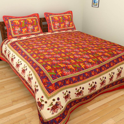 E ELMA 144 TC Cotton Double Jaipuri Prints Flat Bedsheet(Pack of 1, Red)