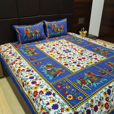 E ELMA Cotton Double Flat 144 TC Animal Bedsheet(Pack of 1, Blue)