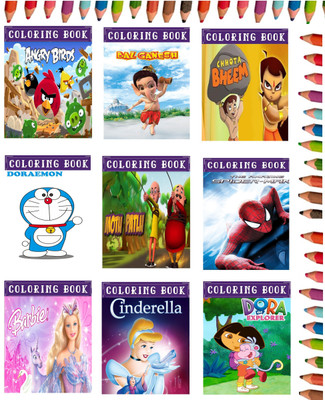 Cartoon Characters Colouring Books for Kids (Pack of 9) : Children Colouring Picture Book (Age 1 - 6 Years Old) - Doraemon, Ben 10, Motu Patlu, Dora, Spider Man, Tom & Jerry, Chhota Bheem, Barbie, Mickey Mouse, Bal Ganesh, Angry Birds(Paperback, SA)