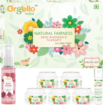 orgello Herbal Facial Kit combo - Herbal Facial Kit (5 x 50 g + 10 g Serum) for Glowing Skin + Rose water Spray Mist Gulab Jal for skin brightening glowing & moisturizing the skin (1 x 100 ml) for men women girls boys normal oily dry skin sls paraben mineral oil free(7 Items in the set)