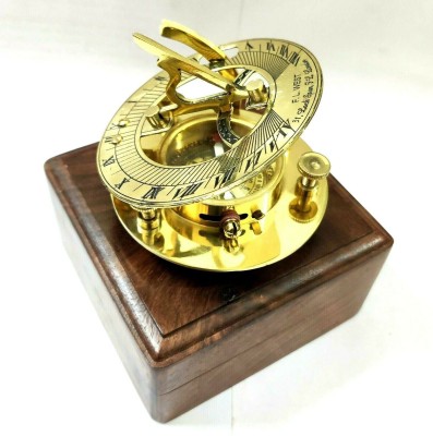 Ascent India Brass Shinny Sundial Compass Round With Wooden Box Gift Compass(Gold)