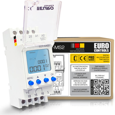 Euro Controls EDT-MS2 German - 2 Channel Multifunction Timer - Range 0-9999s | 0-9999min - 240V AC / DC - 24 modes Delay/Cycle/Pulse/Impulse/Flasher modes - Trigger function - 2 c/o - Din mount Programmable Electronic Timer Switch(White)