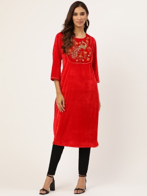 Shae by SASSAFRAS Women Embroidered Straight Kurta(Red)