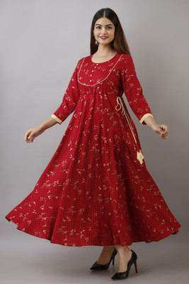 MAHAGEETA Women Printed Flared Kurta(Maroon)