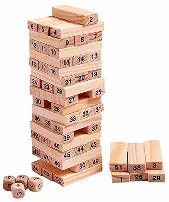 SR Toys Tumbling Tower 54 Pieces Numbered Wooden Block Stacking Game with 4 Dices, Challenging Maths Game for Adults and Kids (Multicolor)(Multicolor)