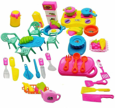 VRUX Kids New Toy Kitchen Set for Girls with Cooking Utensils and Dining Table Chair Combo Items, Little Chef Realistic Miniature Chefs Pretend Play Role Play Home Game
