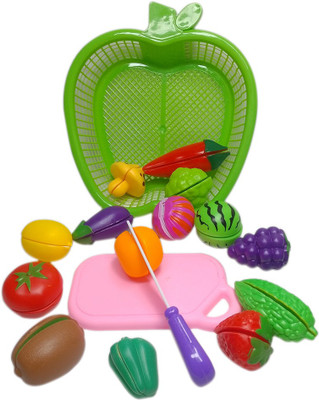 GOLDEN-BRIGHT Fruits Cutting Kitchen Play Toy Set, Sliceable Realistic Vegetables, Cutting Board & Apple shape Tray With Knife (Unit-17)