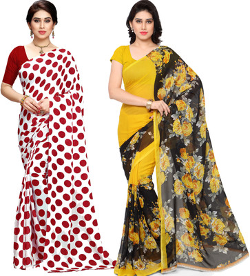ANAND Printed, Polka Print, Floral Print Daily Wear Georgette Saree(Pack of 2, White, Yellow)