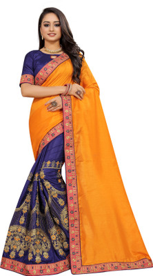 Barkiya Creation Embroidered Bollywood Silk Blend Saree(Blue, Yellow)