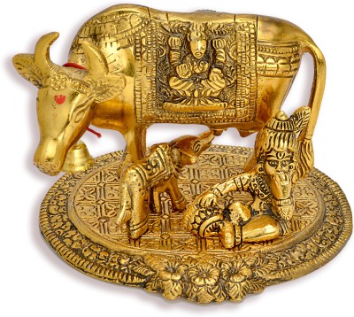 OM CRAFTS Kamdhenu Cow with krishna & Calf Holy Wishing Fulfilling Gomata Decorative Showpiece  -  11 cm(Aluminium, Gold, Black)