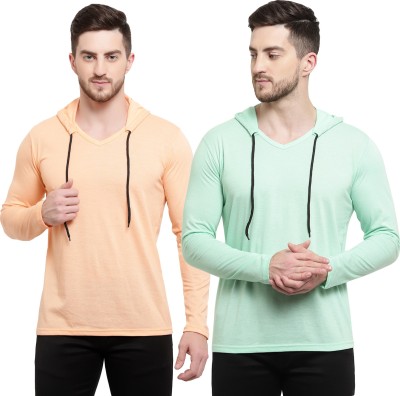 Adorbs Solid Men Hooded Neck Orange, Light Green T-Shirt