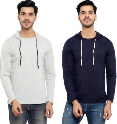 Bribzy Solid Men Hooded Neck Dark Blue, Grey T-Shirt