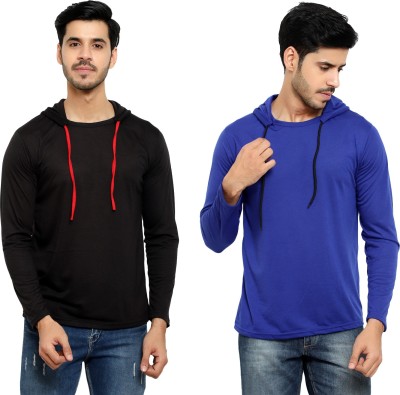 Bribzy Solid Men Hooded Neck Blue, Black T-Shirt