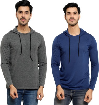 Bribzy Solid Men Hooded Neck Light Blue, Grey T-Shirt