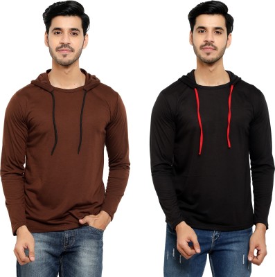 Bribzy Solid Men Hooded Neck Brown, Black T-Shirt