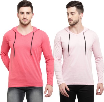 Adorbs Solid Men Hooded Neck Pink T-Shirt