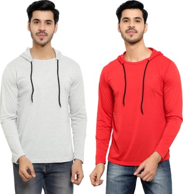 Bribzy Solid Men Hooded Neck Red, Grey T-Shirt