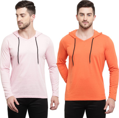 Adorbs Solid Men Hooded Neck Pink, Orange T-Shirt