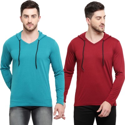 Adorbs Solid Men Hooded Neck Light Blue, Red T-Shirt