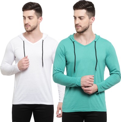 Adorbs Solid Men Hooded Neck Dark Green, White T-Shirt