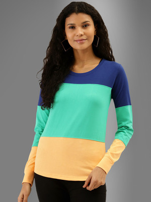 THE DRY STATE Colorblock Women Round Neck Green, Blue T-Shirt