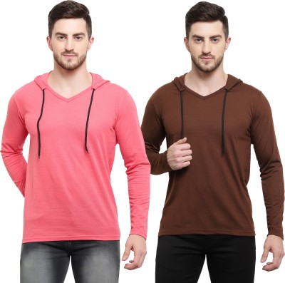 Adorbs Solid Men Hooded Neck Brown, Pink T-Shirt