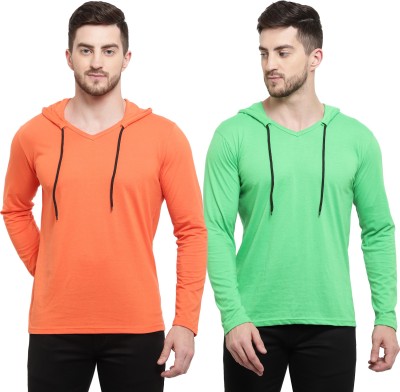 Adorbs Solid Men Hooded Neck Orange, Light Green T-Shirt