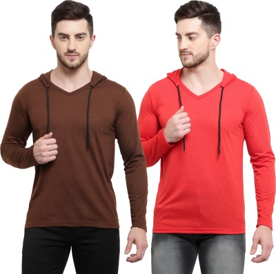 Adorbs Solid Men Hooded Neck Red, Brown T-Shirt