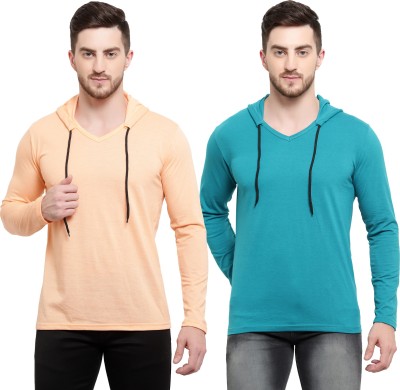 Adorbs Solid Men Hooded Neck Light Blue, Orange T-Shirt