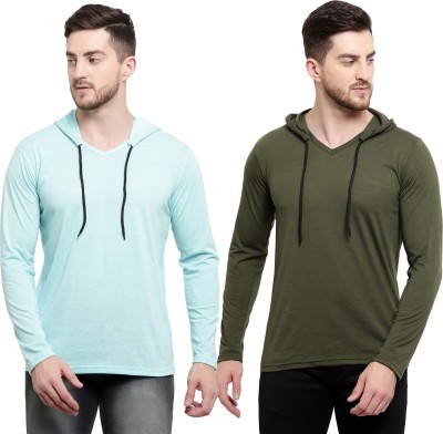 Adorbs Solid Men Hooded Neck Light Blue, Green T-Shirt