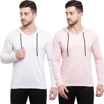 Adorbs Solid Men Hooded Neck White, Pink T-Shirt